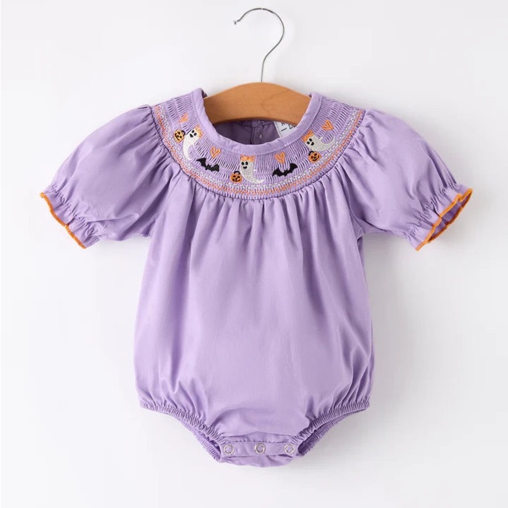 Halloween Ghostie Girl Smocked Bubble Romper 3M 6M